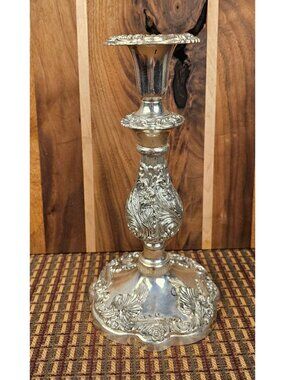 Ornate Silver Tone Candlestick Holder 12 In Tall Floral Scroll Metal Table Decor